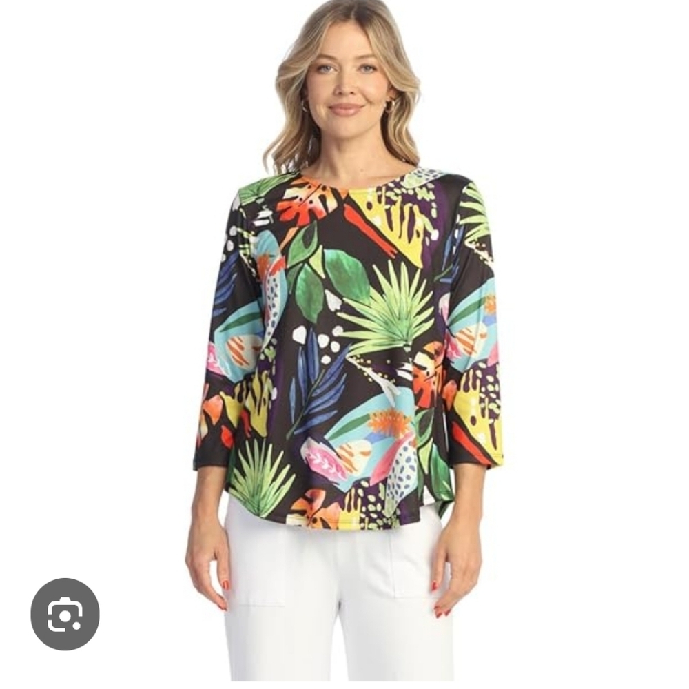 Jess & Jane Womens 2X Tropical Leaf Print 3/4 Sleeve Top Multi Color Made in USA